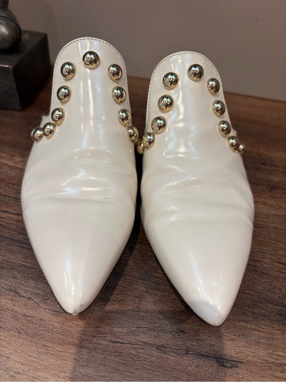 Attilio Giusti Leombruni Cream Pointed Slip-On Mules with Gold Studs